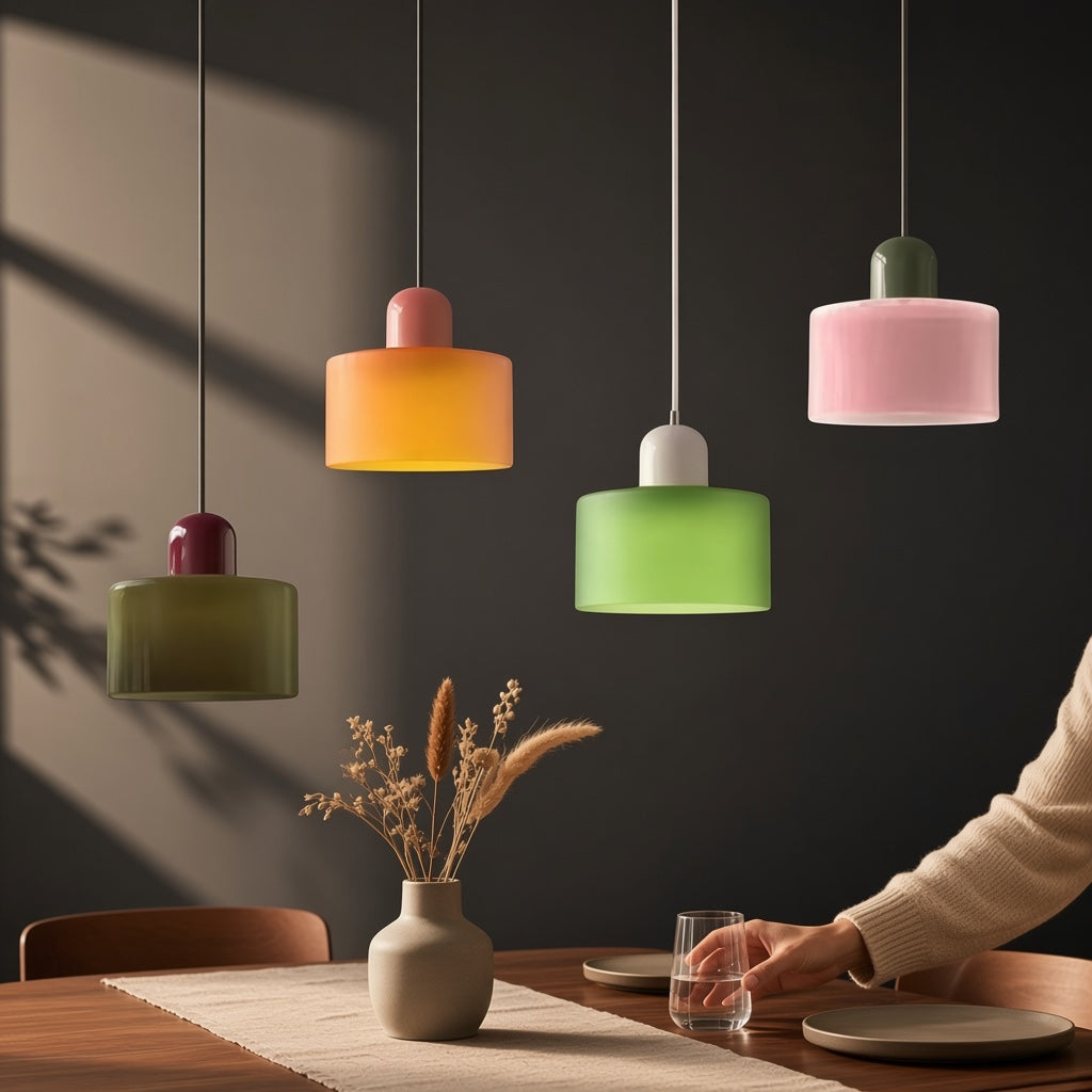 Suspensions Mira colorées au-dessus d’une table dans une salle à manger Image