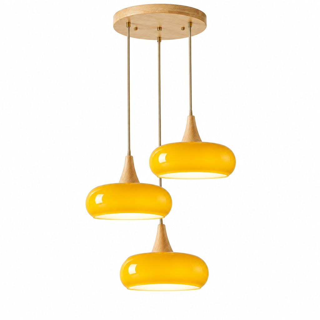Suspension Design en Bois Luma, 3 lampes en cercle, orange