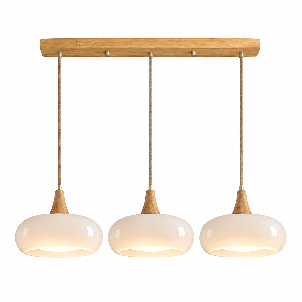 Suspension Design en Bois Luma, 3 lampes en ligne, blanc