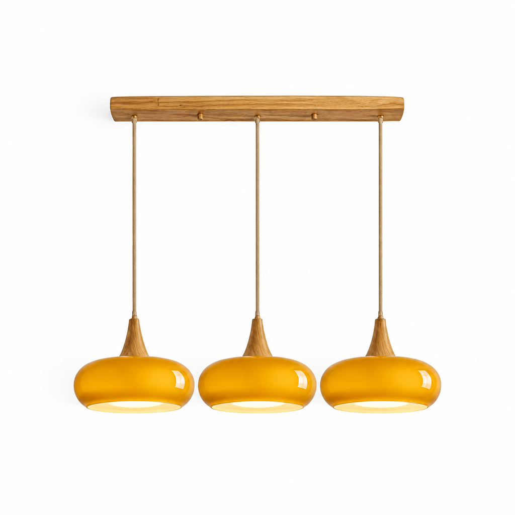 Suspension Design en Bois Luma, 3 lampes en ligne, orange