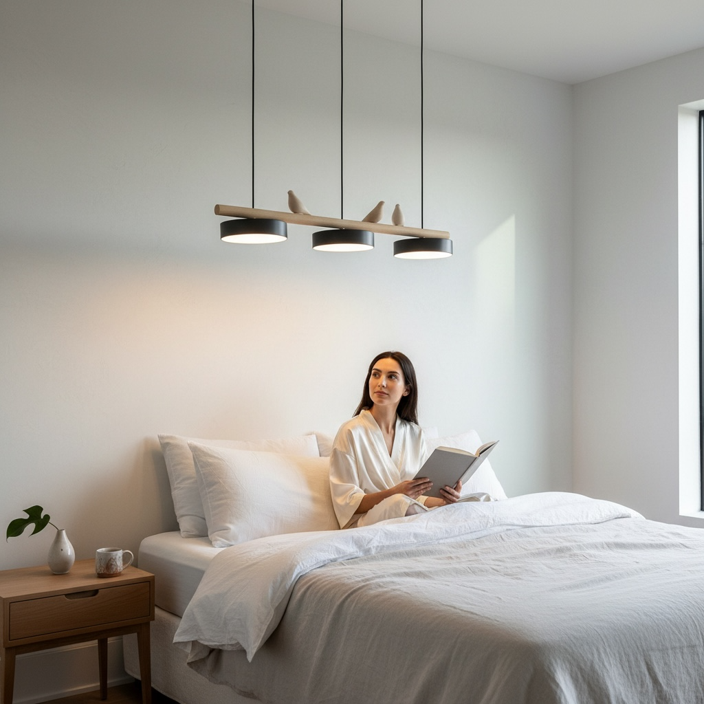 Suspension linéaire en bois Alva noire dans une chambre