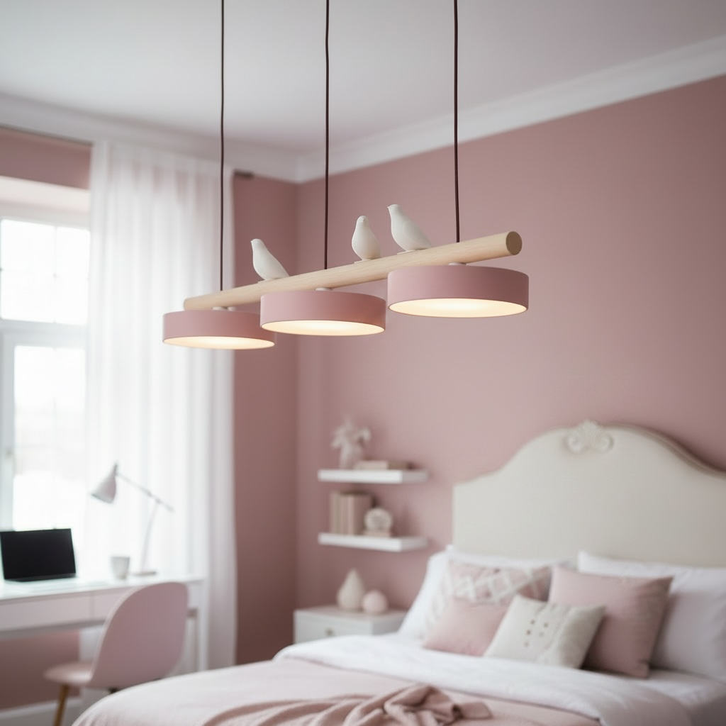 Suspension linéaire en bois Alva rose, vue rapprochée