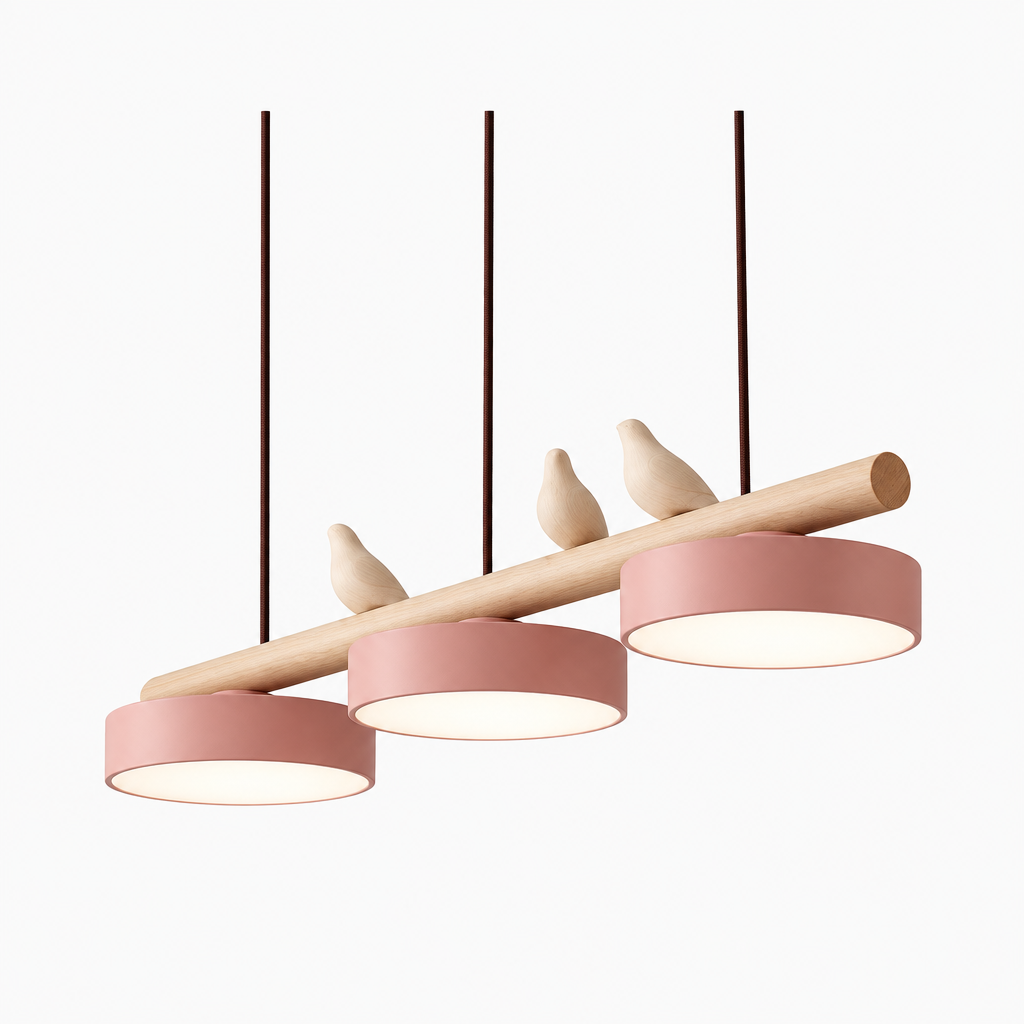Suspension linéaire en bois Alva rose, présentation du luminaire